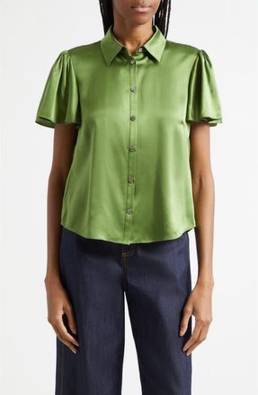 Cinq &agrave; Sept Fiona Flutter Sleeve Silk Satin Button-Up Shirt in Kale at Nordstrom, Size X-Small
