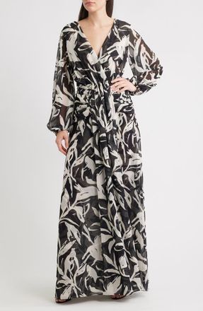 La Petite Robe Di Chiara Boni Simin Floral Long Sleeve Georgette Gown in Stt662V1 Bianca at Nordstrom, Size 14