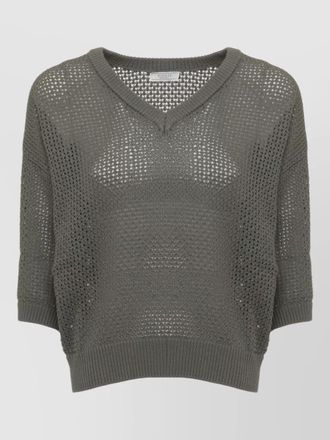 PESERICO mesh knit v neck top ribbed trims
