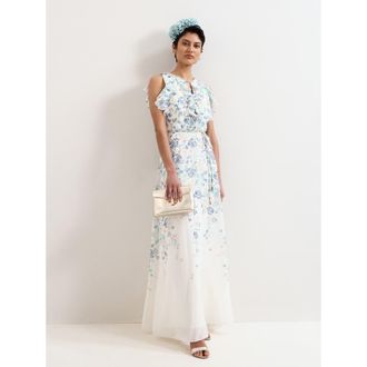 Phase Eight Rachel Floral Ruffle Detail Maxi Dress in Ivory at Nordstrom, Size 20