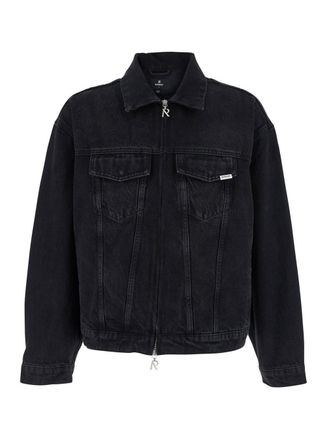 Represent Black Jacket With Classic Collar And Logo Patch On The Pocket In Denim Man