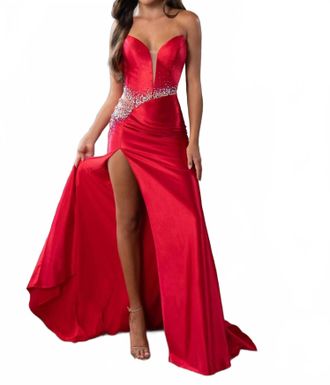 Rachel Allan Strapless Thigh-High Slit Prom Gown In Red