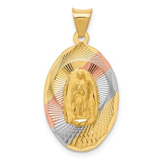 Diamond2Deal 14k Yellow Gold Rhodium Diamond-Cut Lady Of Guadalupe Oval Pendant