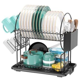 OEM Escurridor De Platos Crezuo De 2 Niveles De Acero Inoxidable Negro Con Soporte Para Utensilios Y Bandeja Recogegotas