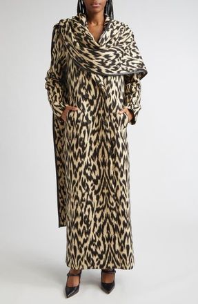 Brandon Maxwell The Demi Double Breasted Virgin Wool Coat with Scarf in Abstract Leopard at Nordstrom, Size 4