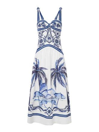 Farm Rio Long Linen Dress With Tropical Print