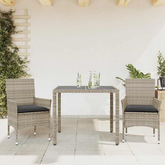 vidaXL Set Comedor Jard&iacute;n 3 Pzas Y Cojines Rat&aacute;n Pe Vidrio Gris Claro Vidaxl