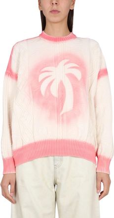 Palm Angels White Printed Crew Neck Sweater