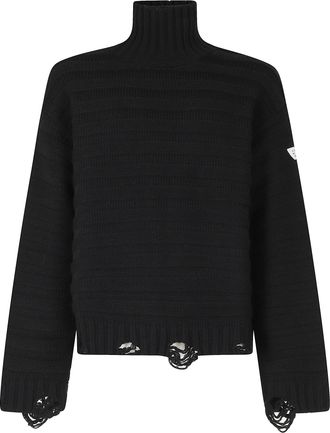 Maison Margiela Black High-Neck Distressed Wool-Blend Sweater