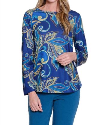 Multiples Shaped Hem Long Sleeve Scoop Neck Top In Blue