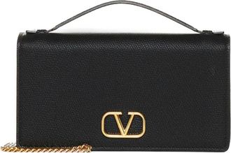 Valentino Tassen, Dames, Zwart, ONE Size, Leer, Vlogo Signature Grainy Kalfsleren Portemonnee Met Ketting