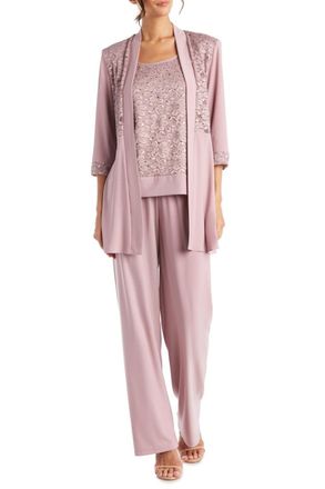 R & M Richards 2 Piece Lace Evening Pants Set In Mauve