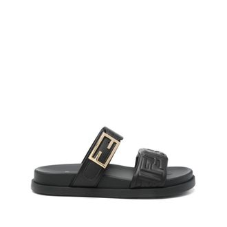 Fendi Sliders, female, Black, Size: 7 1/2 US Black Slip-On Sandals with FF Logo