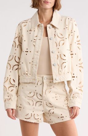 Blank NYC Eyelet Embroidered Denim Trucker Jacket in Double Cream at Nordstrom Rack, Size X-Small