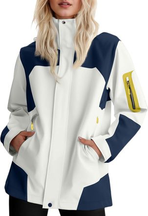 Generic Ladies Lightweight Windbreaker Jacket Waterproof Hooded Rain Coats Multi Pockets Zipper Protection for Hiking Walking Camping, A-Beige, L