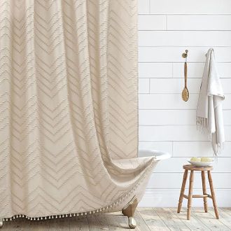 OEM Cortina De Ducha Larga De Tela Tejida De Estilo R&uacute;stico Y Bohemio, Color Beige, 182 X 196 Cm, Con Estampado De Espiga Afelpada, Minimalista Para Ba&ntilde;o 