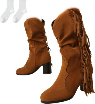 Generic Womens Mid-Calf Boots with Block Heel, Fashionable Riding Boots in Suede Look with Pleated Design And Fringe, Comfortable Slip-On Boots in Plus Sizes 