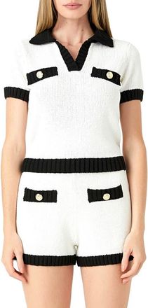 endless rose Contrast Detail Short Sleeve Sweater in Ivory/black at Nordstrom, Size Medium