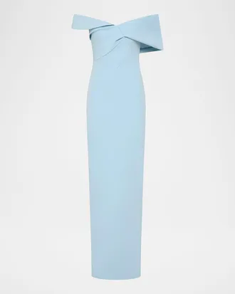 Rachel Gilbert Maddie Draped Off-The-Shoulder Column Gown