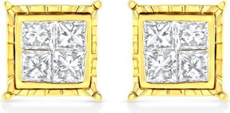House of Brilliance 14K Yellow Gold 1.0 Ct Invisible Princess Composite 8 Stone Stud Earrings at Nordstrom