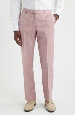 Berle Flat Front Check Wool & Linen Blend Dress Pants in Pink at Nordstrom, Size 40