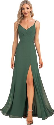 Ever-pretty Womens A Line Spaghetti Straps V Neck Long Chiffon Asymmetry Prom Dress with Slit Eucalyptus 18