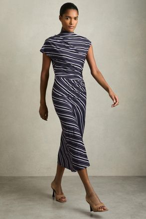 Reiss Womens Blue & Brown Stripe Print Draped Midi Dress, Size: S