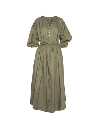 Lilla P Woven Slub Split Neck Belted Maxi Dress In Olive