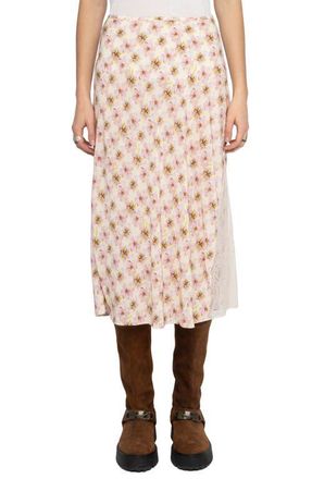 Zadig&Voltaire Jayla Mirror Flowers Lace Trim Crepe Midi Skirt in Pear at Nordstrom, Size 10 Us