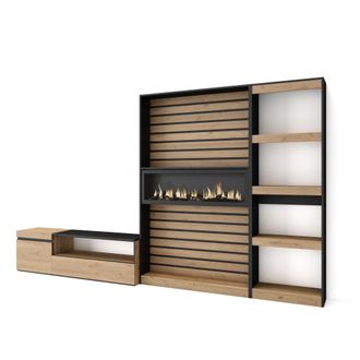Skraut Home Muebles De Sal&oacute;n Para Tv, Conjunto De Muebles Comedor, 320x186x35cm, Chimenea El&eacute;ctrica, Estilo Moderno, Roble Y Negro - Skraut Home