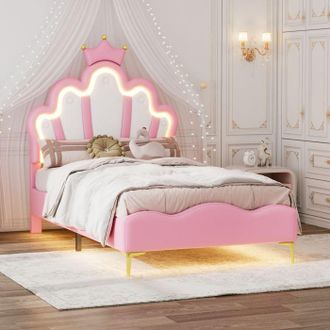OEM Cama Infantil 90x200 Cm, Cama Tapizada Simple Con Somier De Lamas, Cabecera De Cama Corona Con Luz Led, Cama De Ni&ntilde;a En Rosa, Pu