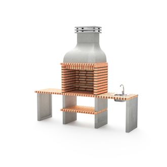 Movelar Barbacoa De Obra Prefabricada De Le&ntilde;a Y Carb&oacute;n Modelo Altea (gris, Naranja - 268 X 70 X 255 Cm) Ref: M00041 - Cocina De Exterior Con Lavabo Para Jard&iacute;