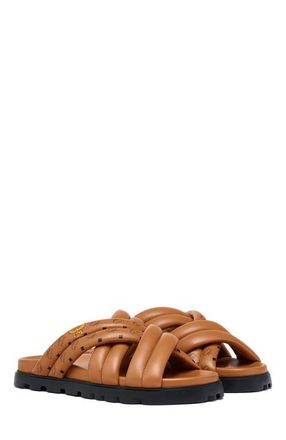 MCM Monogram Print Cross Sandals in Lamb Leather in Cognac at Nordstrom, Size 39