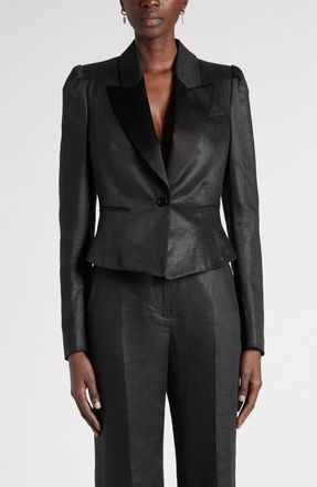 Alexander McQueen Peak Lapels Puff Sleeve Linen Jacket in Black at Nordstrom, Size 40