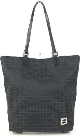 Fendi Zucchino Black Leather Canvas Shoulder Bag Tote Bag (Pre-Owned)