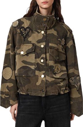 AllSaints Patch Detail Camo Print Cotton Jacket in Camo Green at Nordstrom, Size X-Small