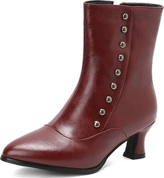 Generic Womens Pointed Toe Retro Dressy Ankle Boots Side Zipper Studded Decor Elegant Kitten Heel Pumps Western Shoes (Red,7.5)