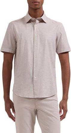 Bugatchi Miles OoohCotton Space Dye Short Sleeve Button-Up Shirt in Sand at Nordstrom, Size Xxx-Large