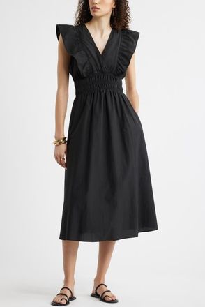 Nordstrom Flutter Sleeve Smocked Waist Midi Dress in Black at Nordstrom, Size Xx-Small