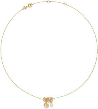 Tory Burch Miller Pav&eacute; Pendant Charm Necklace in Tory Gold /Crystal /Pearl at Nordstrom