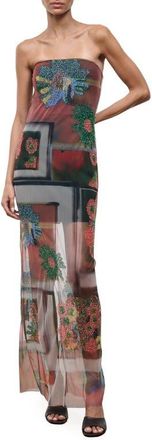 Staud Lilian Floral Bead Detail Strapless Mesh Maxi Dress in Superbloom at Nordstrom, Size X-Large