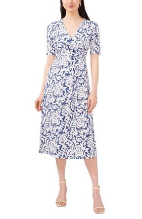 Chaus Floral Faux Wrap Midi Dress in Denim/white at Nordstrom, Size Medium