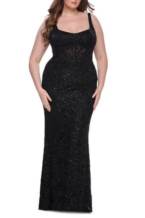 La Femme Fitted Beaded Lace Plus Size Prom Dress with Illusion Waist in Black at Nordstrom, Size 14W