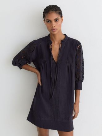 Reiss Navy Cotton Cheesecloth Broderie Mini Dress, 18