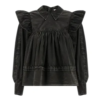 Ganni Blouses, female, Black, Size: L Washed Frill Blouse