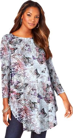 Roaman's Plus Size Boatneck Swing Ultra Drape Tunic Top in Grey Flutter Animal at Nordstrom, Size 12