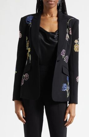 Cinq &agrave; Sept Floral Ribbons Diamante Crepe Jacket in Black Multi at Nordstrom, Size 10
