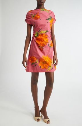 Lela Rose Floral Print Shirred Cap Sleeve Cotton Poplin Minidress in Berry Multi at Nordstrom, Size 8