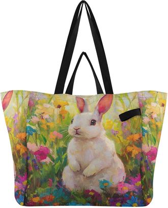 Generic Colorful Flowers Beige pattern Reusable Canvas Tote Bag, Heavy Duty Grocery Shopping Bag with Double Handles Large Capacity Hard Bottom Work Groceries