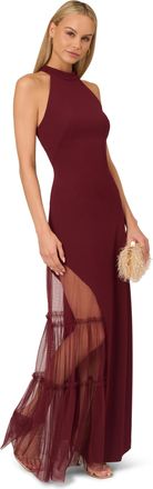 Adrianna Papell Womens Knit Crepe Halter Gown in Burgundy - Size 16 UK